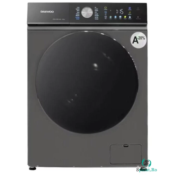 Daewoo Masina de spalat rufe Daewoo, 8 kg, motor inverter, 1400 rpm, clasa A-30%, 16 programe, butoane touch, usa dubla neagra, Argintiu